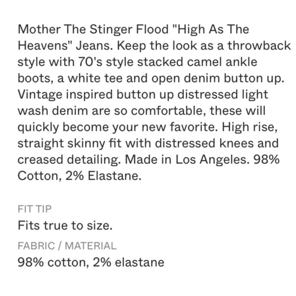 MOTHER STINGER FLOOD IN HIGH AS THE HEAVENS STRAIGHT SKINNY,HIGH RISE,BUTTON FLY - Picture 8 of 16